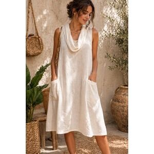 Mosaic USA Linen Dress XL White Sleeveless Cowl Neck Pockets
